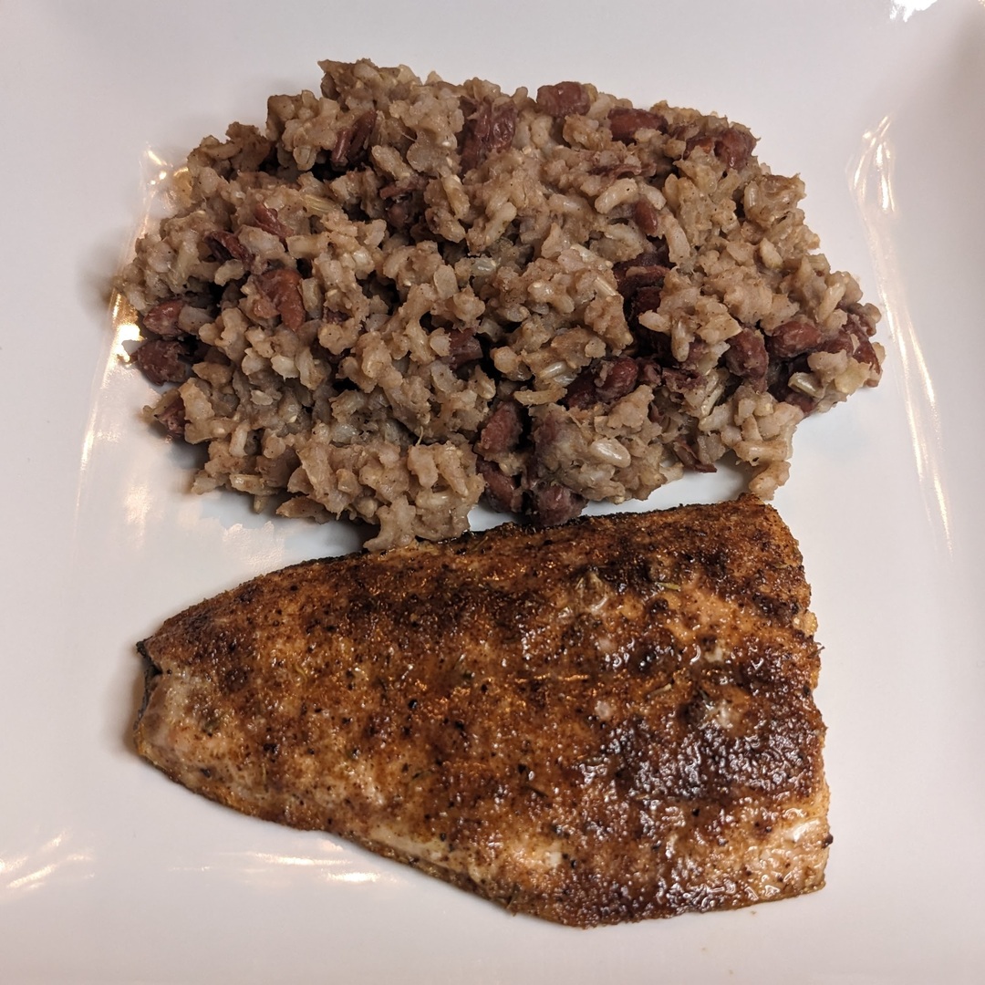 jamaican rice and peas with jerk salmon