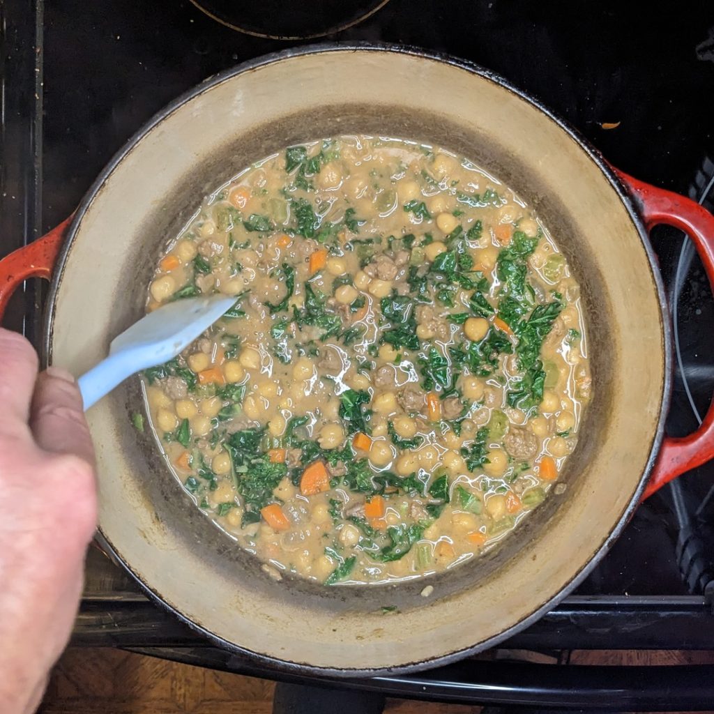 Cooking white bean, kale & sausage soup